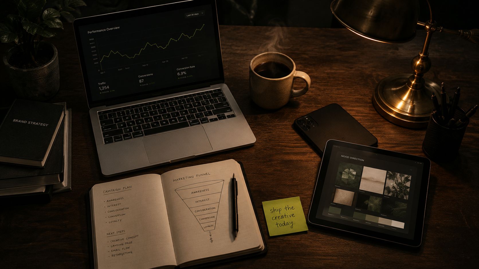 Studio workspace with laptop, notebook, and design tools